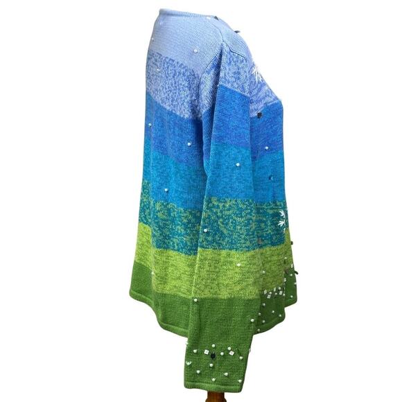 Timber Lea snowman sweater, blue/white, vintage, winter, holiday, whimsical - Picture 2 of 7